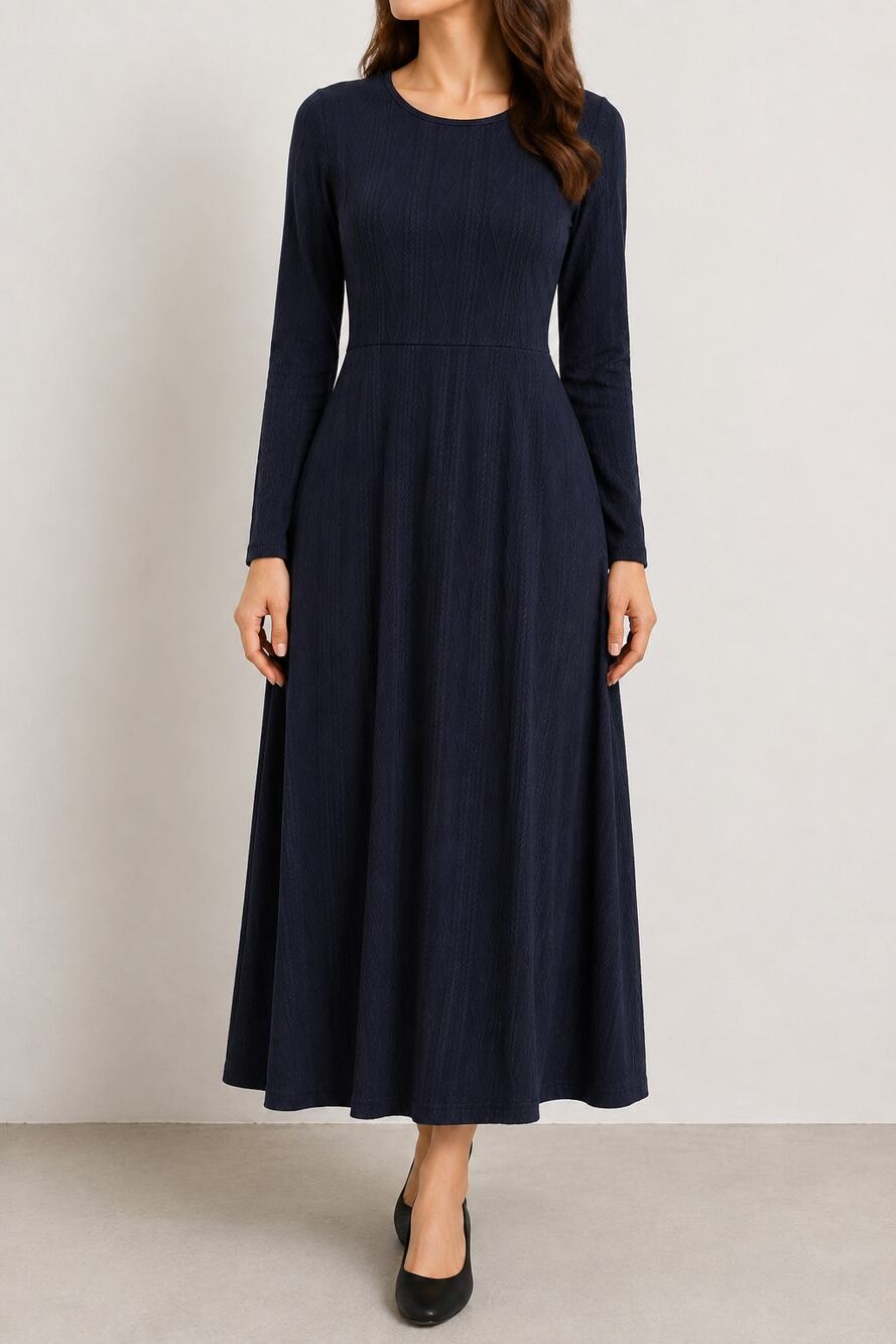 BloomChic Navy Textured Midi Dress Long Sleeve Fit & Flare Women’s US 10 NWT